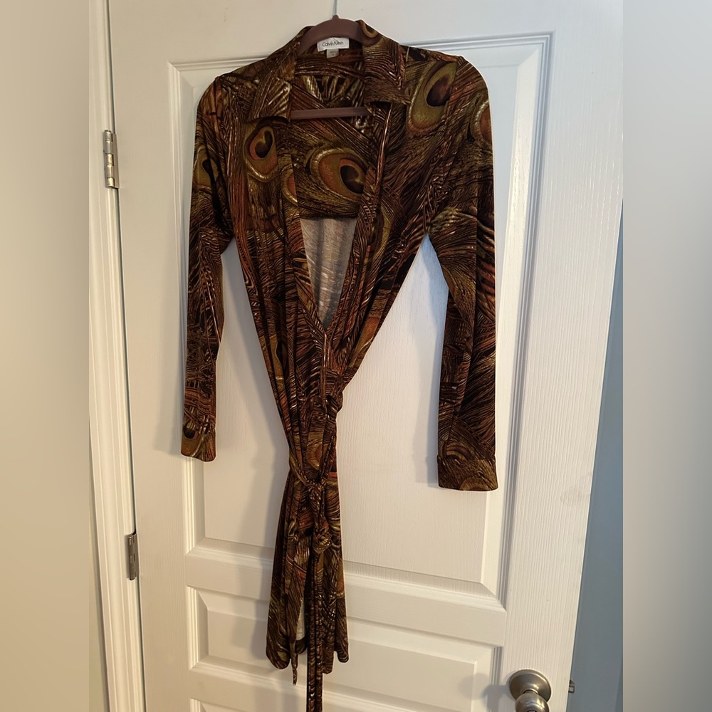 Calvin Klein Brown and Green Peacock Patterned Dress